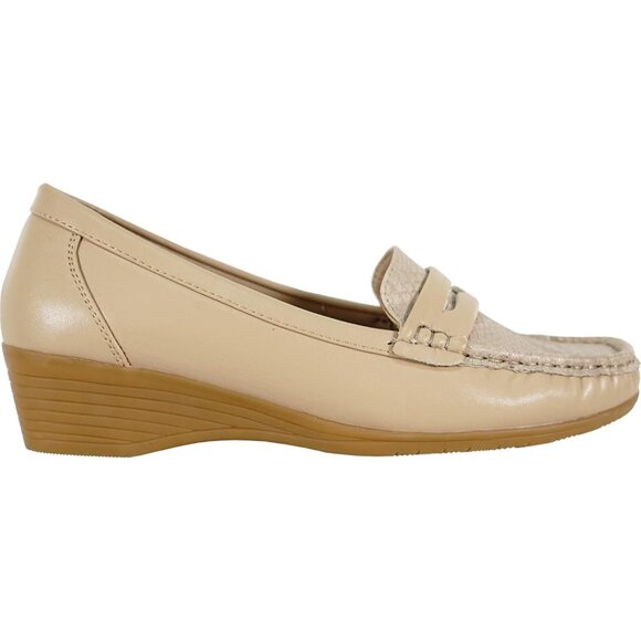 Women Champagne Faux Leather Round Toe Removable Insole Wedge Slip-On Loafer - Picture 5 of 8